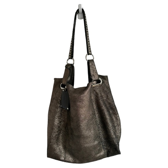 B. Makowsky Metallic Bronze Leather Large Hobo Shoulder Bag with Studded Handle - Picture 8 of 16